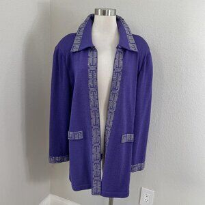 TOULA Cardigan Sweater Womens 20W Purple Wool Blend Rhinestone Trim Open Front